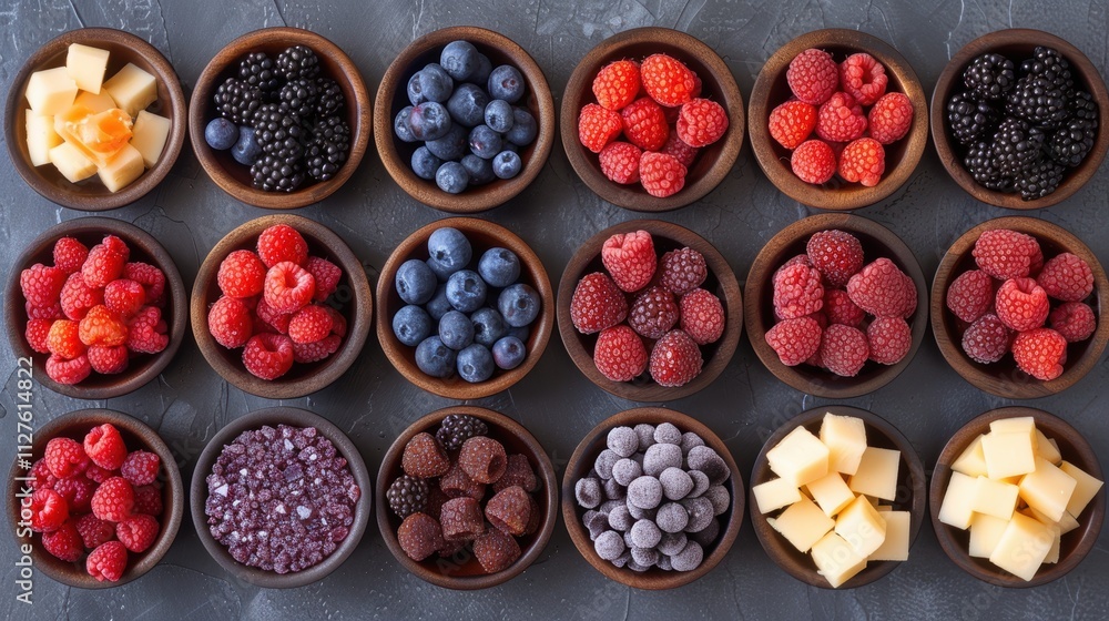 A Diverse and Colorful Display of Fresh Berries and Cheese Cubes Perfectly Arranged in Ceramic Bowls on a Dark Textured Background A Diverse and Colorful Display of Fresh Berries and Cheese Cubes Perfectly Arranged in Ceramic Bowls on a Dark Textured Background