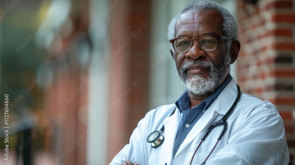 Distinguished Experienced Doctor Wearing a Classic White Coat with a Stethoscope in an Urban Brick Environment in Daylight Distinguished Experienced Doctor Wearing a Classic White Coat with a Stethoscope in an Urban Brick Environment in Daylight