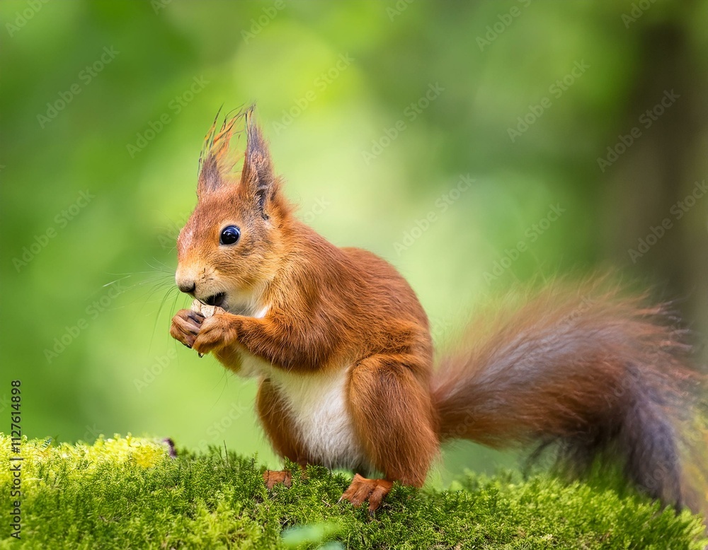 Cute red squirrel, sciurus vulgaris, eating a nut in green spring forest with copy space. Lovely wild animal with long ears and fluffy tail feeding in nature. Wide panoramic banner of mammal.