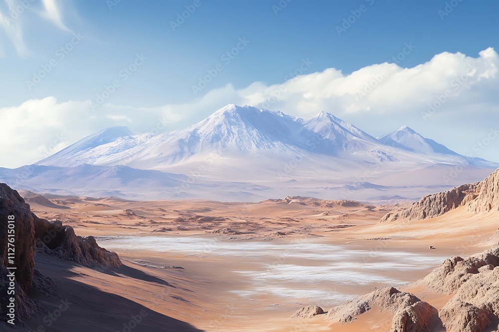 Fototapeta premium A stunning desert landscape with snow-capped mountains under a clear blue sky.