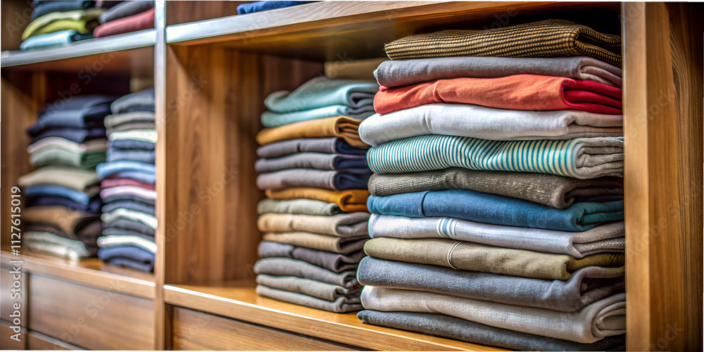 Neatly arranged folded clothes in a wooden closet showcasing organization and detail in a modern room wallpaper background Neatly arranged folded clothes in a wooden closet showcasing organization and detail in a modern room wallpaper background