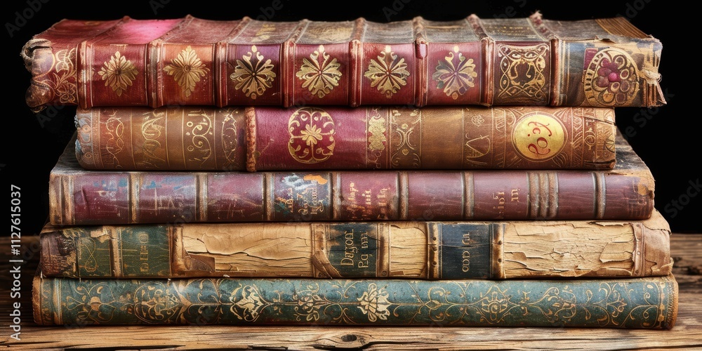 Fototapeta premium A Rustic Collection of Antique Books with Intricate Leather Covers and Ornate Gold Detailing Revealing Historical Significance and Aesthetic Craftsmanship on a Wooden Table Setting