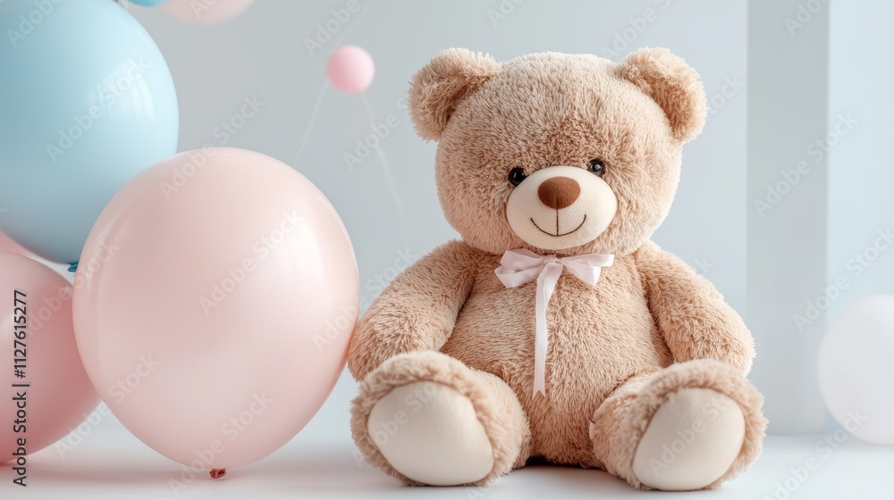 Obraz premium Adorable plush teddy bear sitting among colorful balloons, perfect for children's celebrations, baby showers, or creating a cozy, playful atmosphere in any room.