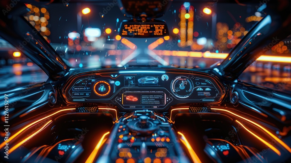 Futuristic car interior at night, glowing dashboard and city lights. Futuristic car interior at night, glowing dashboard and city lights.