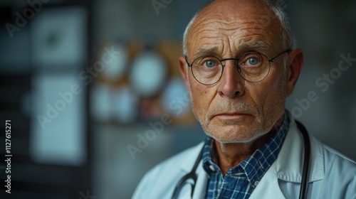 Elderly Male Medical Professional in Blue Plaid Shirt and White Lab Coat with Thoughtful Expression and Stethoscope in Well-lit Medical Office