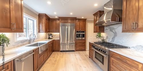 Modern kitchen with stainless steel appliances, wooden cabinets, and marble countertops.