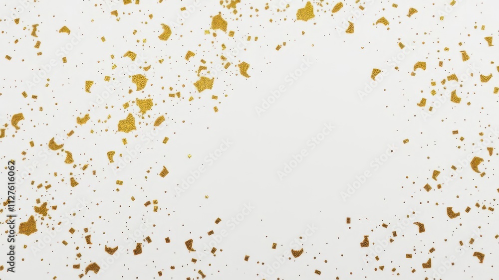 Golden glitter scattered in a circular pattern on a white background, metallic Golden glitter scattered in a circular pattern on a white background, metallic