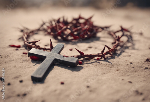 Passion Of Jesus Christ Hammer and Bloody Nails And Crown Of Thorns On Arid Ground photo