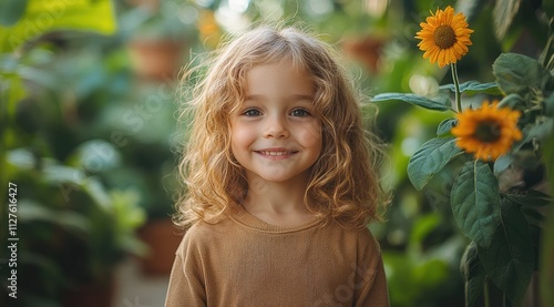 Happy toddler girl with curly hair smiles amidst sunflowers in a greenhouse.
