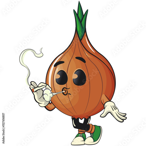 cute onion character smoke calmly, cartoon vector illustration, work of hand drawn