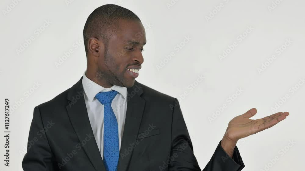 Portrait of Pointing African Businessman Showing Copyspace on White Background Portrait of Pointing African Businessman Showing Copyspace on White Background