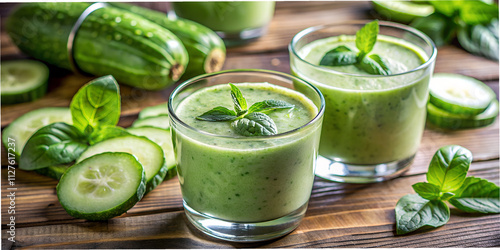 Refreshing cucumber basil smoothies on a rustic wooden table with fresh ingredients background 