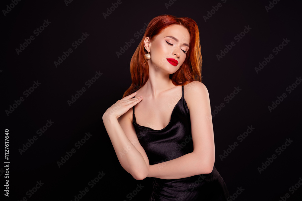 Photo of sexual stunning gorgeous fashion lady touch soft skin neck wear dress isolated on black color background Photo of sexual stunning gorgeous fashion lady touch soft skin neck wear dress isolated on black color background