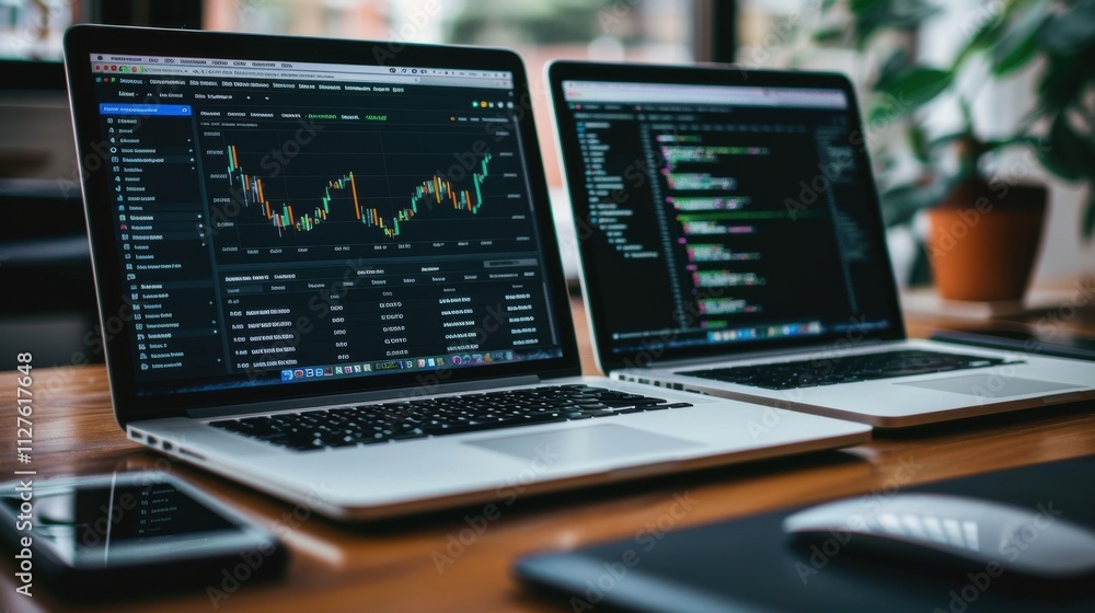 Dual Laptops Displaying Financial Market Charts and Code on Wooden Desk with Smartphone and Mouse in Modern Office Setting Dual Laptops Displaying Financial Market Charts and Code on Wooden Desk with Smartphone and Mouse in Modern Office Setting