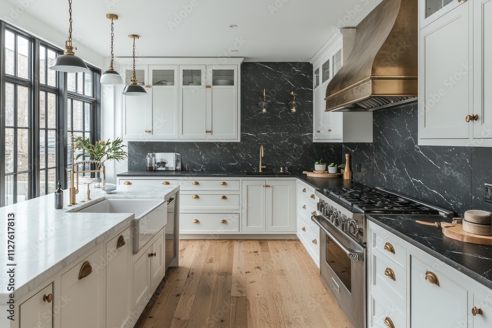 Fototapeta premium Modern kitchen with white cabinets, dark marble backsplash, and hardwood floors.