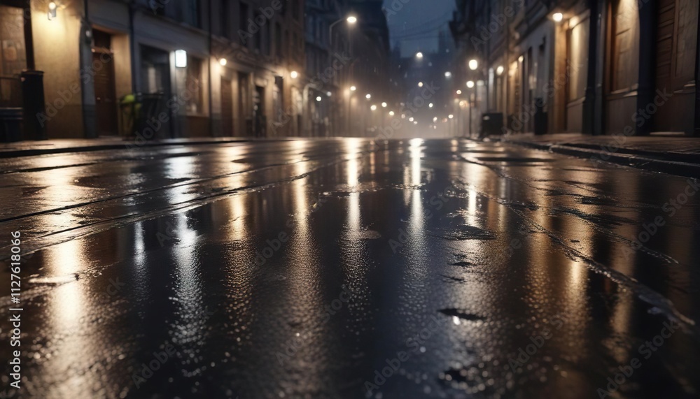 Searchlight scanning wet street in urban setting, reflective surface, beam of light, glowing Searchlight scanning wet street in urban setting, reflective surface, beam of light, glowing