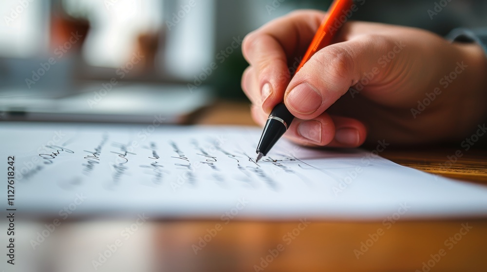 A close-up view of a hand holding an orange pen poised over a white notepad filled with handwritten notes, reflecting personal thoughts in a cozy indoor setting A close-up view of a hand holding an orange pen poised over a white notepad filled with handwritten notes, reflecting personal thoughts in a cozy indoor setting