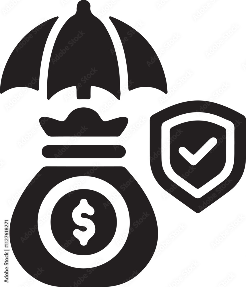 Illustration of a silhouette icon featuring a money bag and an umbrella Illustration of a silhouette icon featuring a money bag and an umbrella