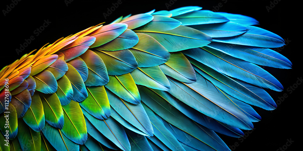 Fototapeta premium Colorful parrot wing displayed against a black background creating a striking minimalist effect