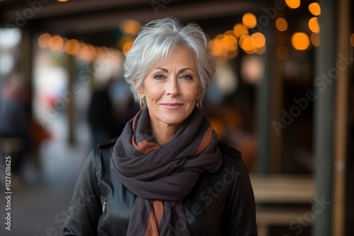 Portrait of a beautiful senior woman with scarf in a shopping center