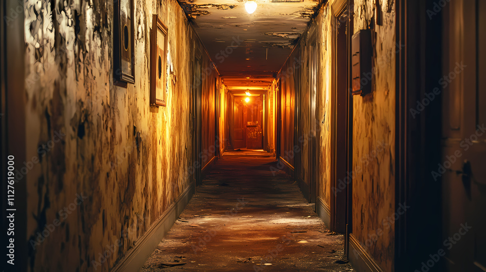 Scary gloomy hotel hallway with flickering lights and peeling wallpaper, spooky, eerie, creepy, dark, corridor. Mystify. Illustration Scary gloomy hotel hallway with flickering lights and peeling wallpaper, spooky, eerie, creepy, dark, corridor. Mystify. Illustration