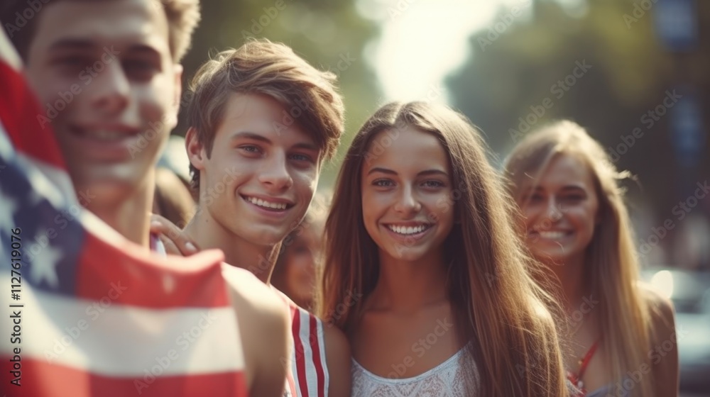Obraz premium A Vibrant Group of Happy Young Friends Smiling with an American Flag in the Background Together