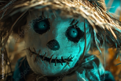 Eerie scarecrow with stitched mouth wearing a straw hat in a haunting, shadowy field at dusk photo