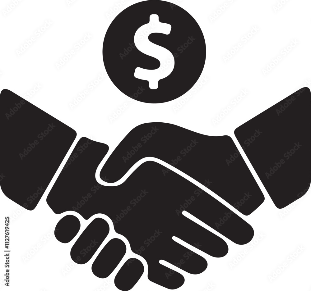Illustration of an icon showing a handshake with money Illustration of an icon showing a handshake with money
