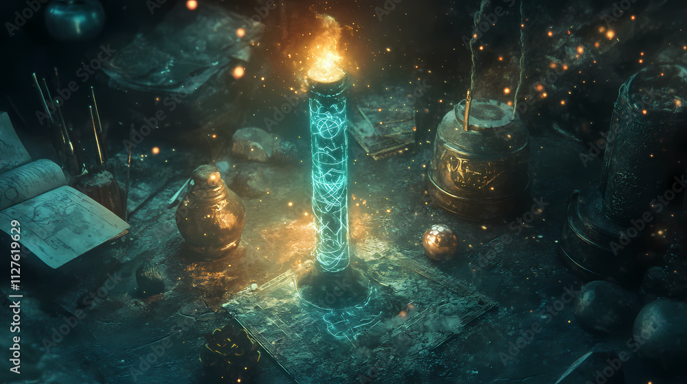 Naklejka premium Surreal photograph of a mystical staff with luminous technorunes, detailed and glowing in a rune crafting workshop setting. Mystify. Illustration