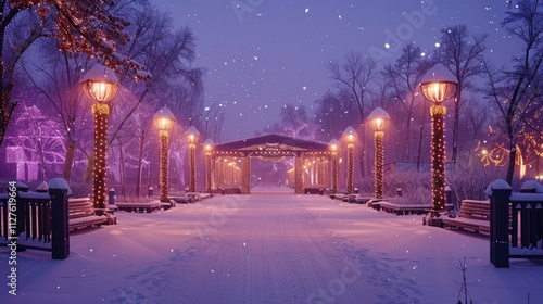 Snowy pathway with illuminated lanterns and falling snow at night.