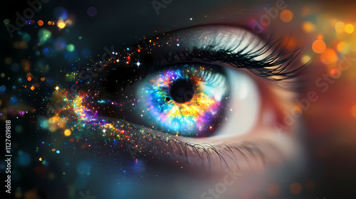 Vibrant swirl of colorful lights and stars orbits around a mystical, glowing eyeball, evoking a sense of wonder and enchantment in this mesmerizing digital art. Mystify. Illustration