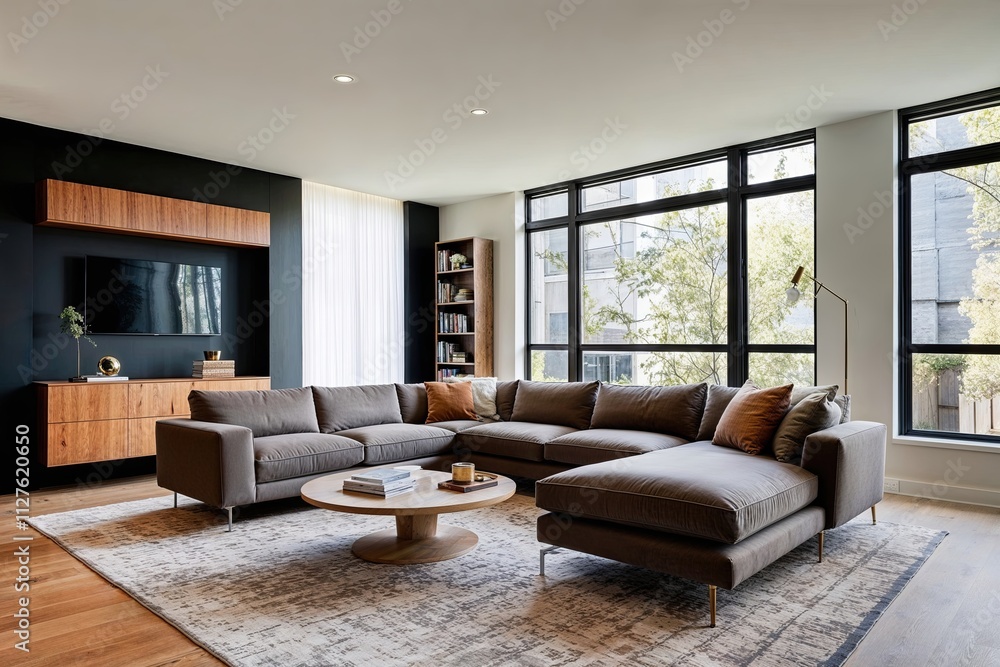Modern Living Room with Chic Sectional Sofa Bookshelf and Bright Window Modern Living Room with Chic Sectional Sofa Bookshelf and Bright Window