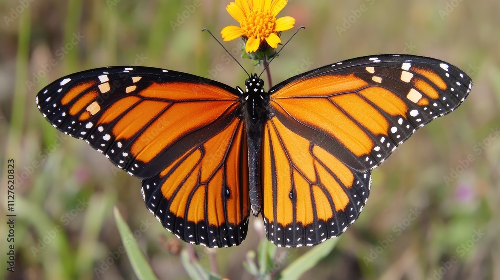 Stunning Monarch Butterfly Displaying Vibrant Orange Wings on Flower Stunning Monarch Butterfly Displaying Vibrant Orange Wings on Flower