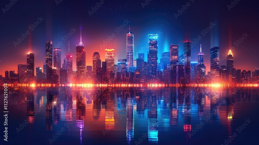 Vibrant cityscape at night, reflected in calm water. Vibrant cityscape at night, reflected in calm water.
