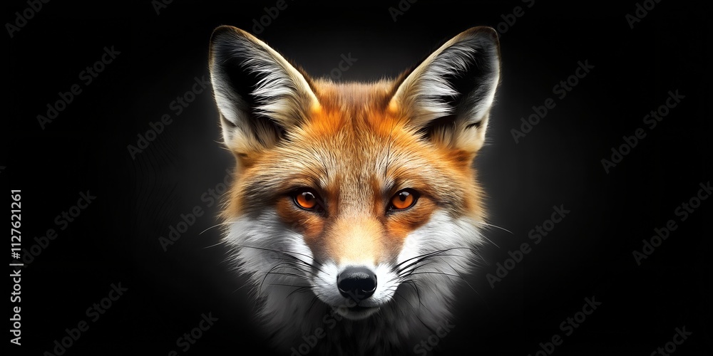 Muzzle of a fox illuminated against a dark background in the stillness of night Muzzle of a fox illuminated against a dark background in the stillness of night