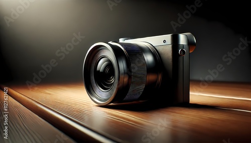 A sleek, modern digital camera with a large lens, resting on a polished wooden surface, illuminated by soft ambient lighting