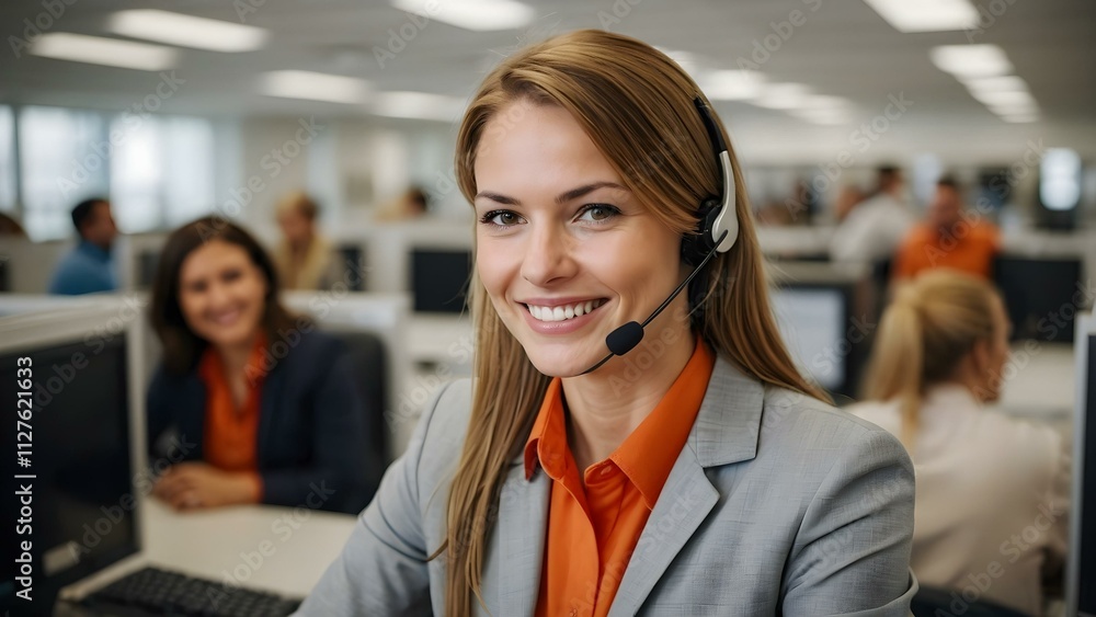 Bright and dynamic call center representative with orange-themed office decor, highlighting communication, teleoperator efficiency, and professional assistance. Bright and dynamic call center representative with orange-themed office decor, highlighting communication, teleoperator efficiency, and professional assistance.
