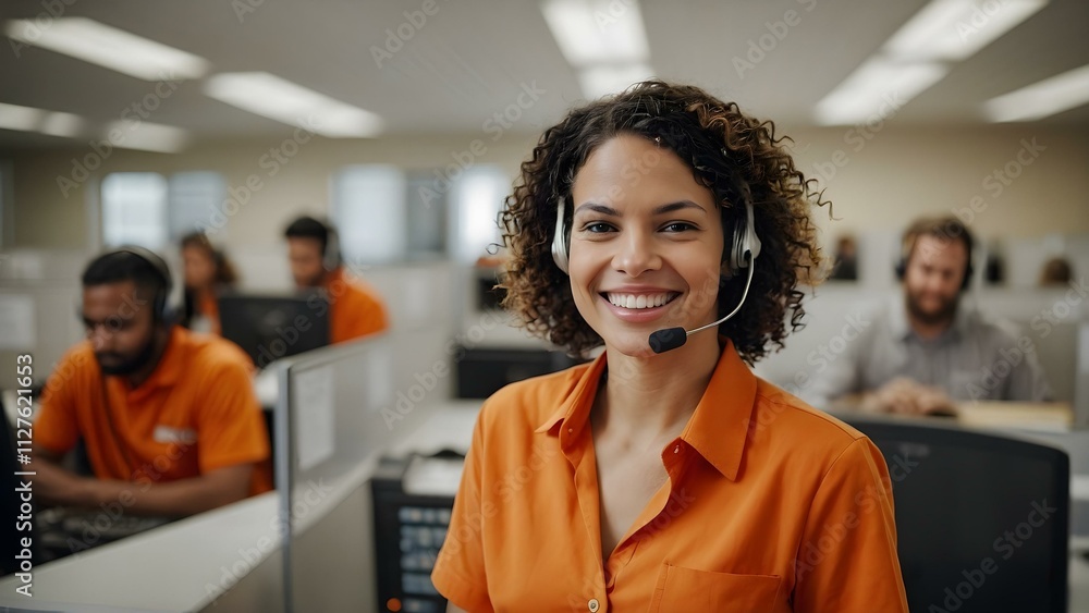 Enthusiastic curly hair telemarketing operator with orange details in the office, embodying professionalism, teamwork, and excellence in communication and customer support specialist in a call center Enthusiastic curly hair telemarketing operator with orange details in the office, embodying professionalism, teamwork, and excellence in communication and customer support specialist in a call center