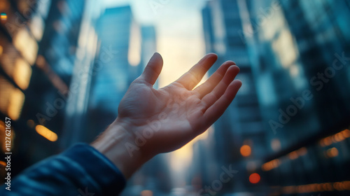 Open hand reaching for success against a blurred cityscape at sunset, symbolizing ambition, motivation, and the pursuit of dreams