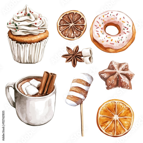 Watercolor Christmas food elements. Cupcake, donut, a mug of cocoa with marshmallows, ginger cookie, dried orange, star anise, and lollipop collection isolated on white, illustration painting, vector