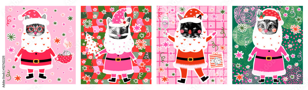 Naklejka premium Funny and cute vector set with Santa Claus Christmas cats, Halftone party kitty collage greeting cards and posters