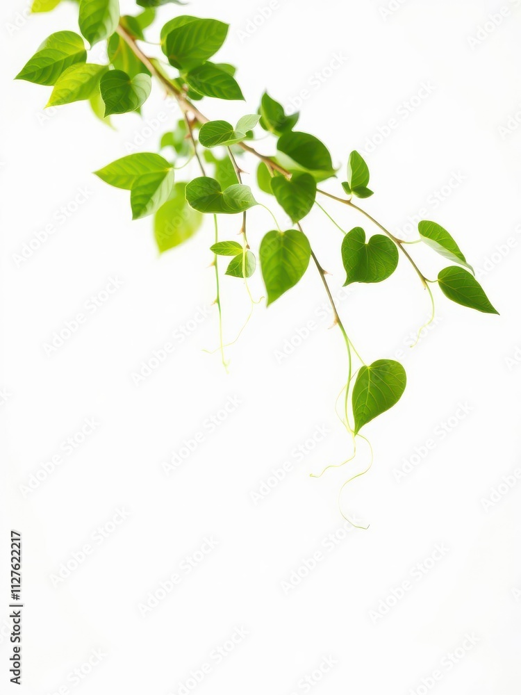 Green living plant branch with lush leaves and delicate tendrils against a clean white background, branch Green living plant branch with lush leaves and delicate tendrils against a clean white background, branch