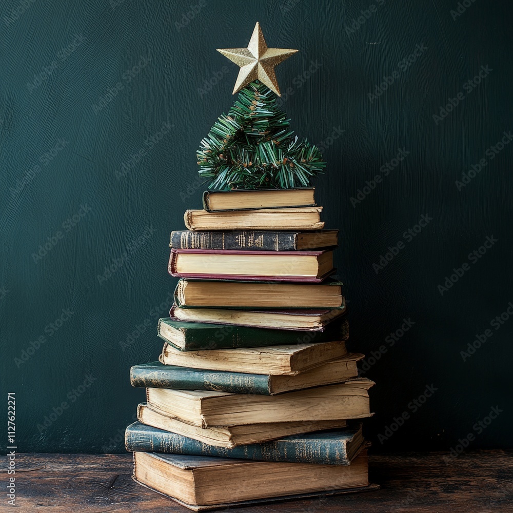 Creative book Christmas tree with teal festive backdrop Creative book Christmas tree with teal festive backdrop