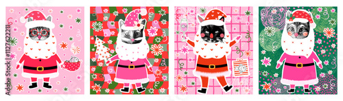 Funny and cute vector set with Santa Claus Christmas cats, Halftone party kitty collage greeting cards and posters