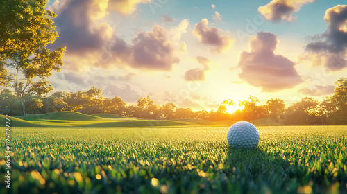 Tranquil golf ball on well-manicured fairway at sunset, embodying focus and serenity. Serenity. Illustration photo