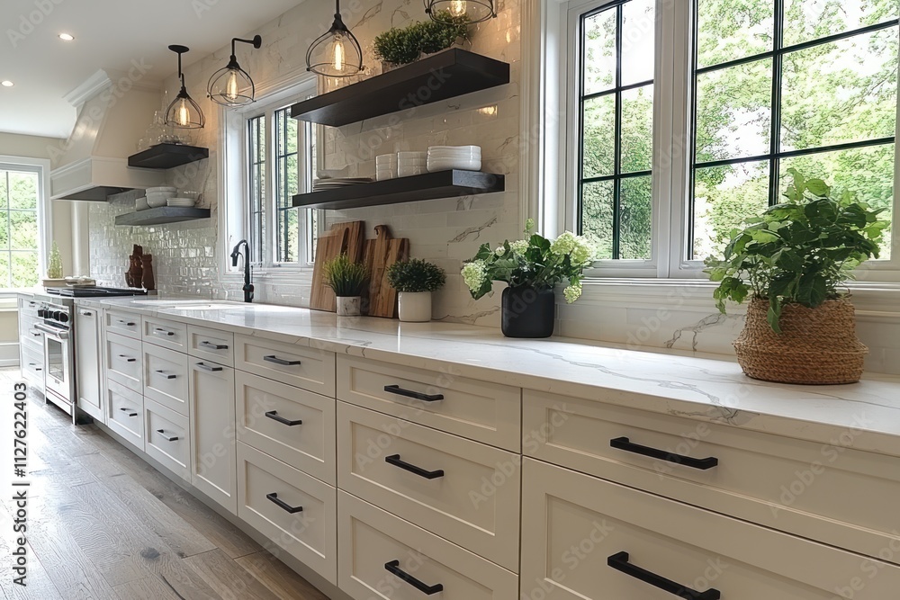 Fototapeta premium Modern farmhouse kitchen with white cabinets, quartz countertops, and floating shelves.