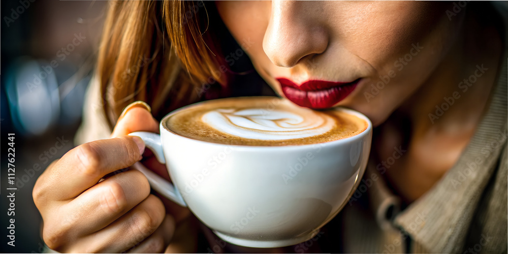 Woman enjoying a cappuccino with foam on her lips at a cozy cafe in the morning Woman enjoying a cappuccino with foam on her lips at a cozy cafe in the morning