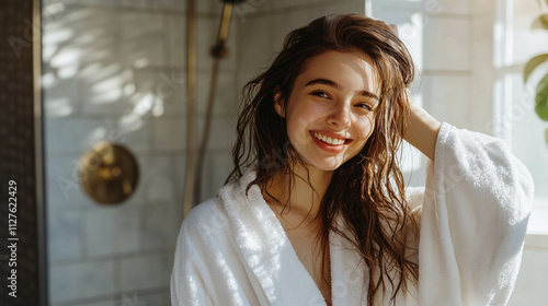Smiling young woman in bathrobe dries herself after getting out of the shower
