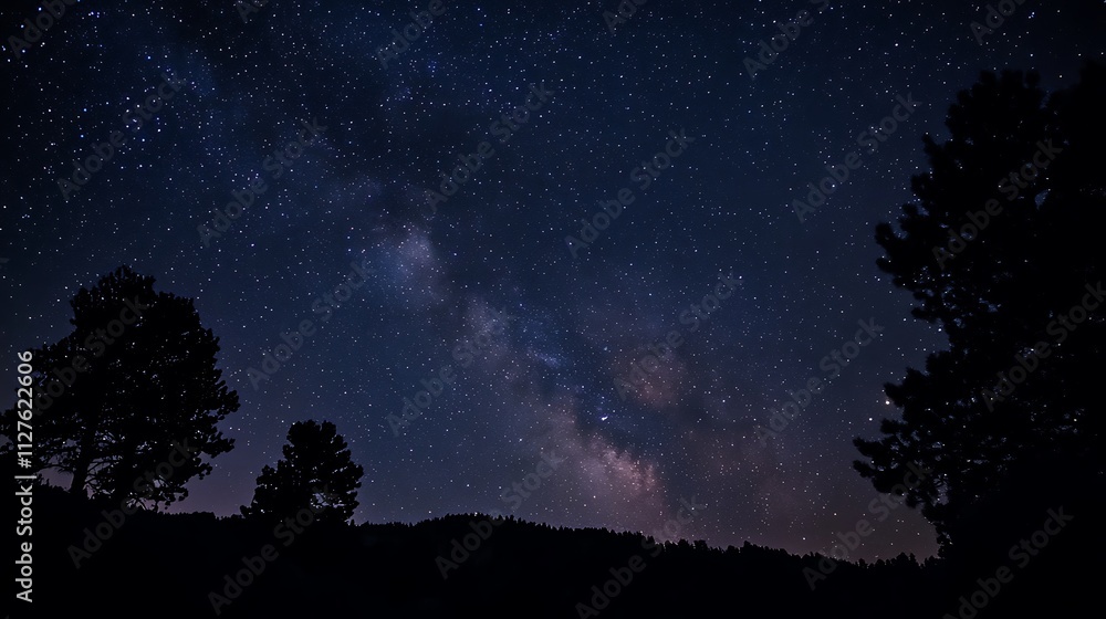 A stunning night sky filled with stars and the Milky Way, framed by silhouettes of trees. A stunning night sky filled with stars and the Milky Way, framed by silhouettes of trees.