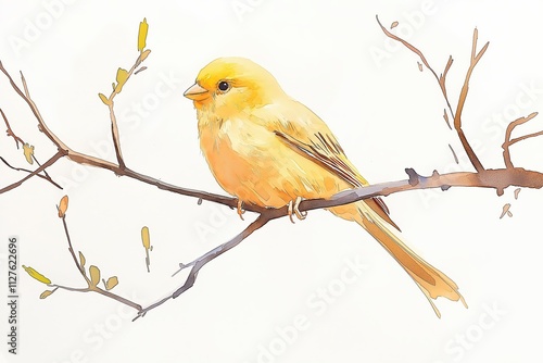 Yellow Canary Bird on Branch Spring Watercolor Painting Nature